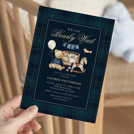 Invitation Tartan “We Can Bearly Wait” Bear Baby Shower