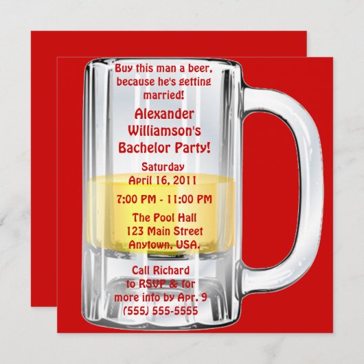 Invitation Tasse à bière pour enterrement de vie de garçon (Devant / Derrière)