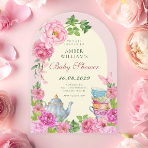 Invitation Tasse de thé Fleurs roses jardin baby shower