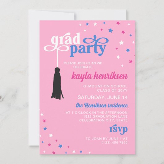 Invitation Tassel & Etoiles Bleu rose Retro Script Grad Party (Devant)
