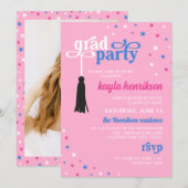 Invitation Tassel & Etoiles Bleu rose Retro Script Grad Party (Devant / Derrière)