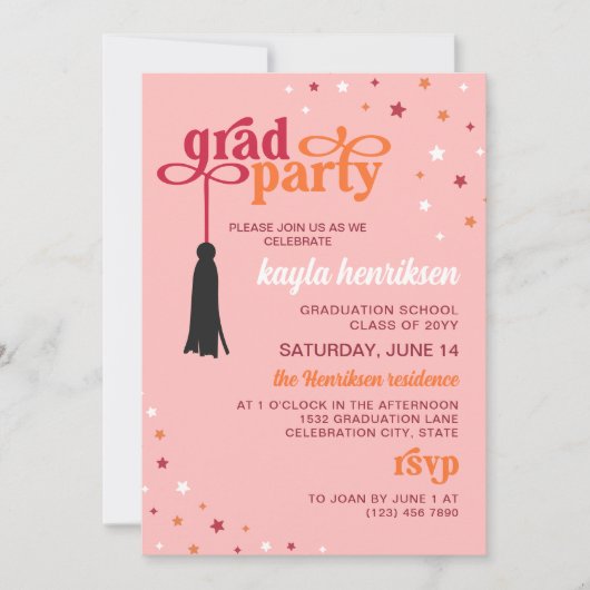 Invitation Tassel & Etoiles Rose Retro Script Grad Party (Devant)