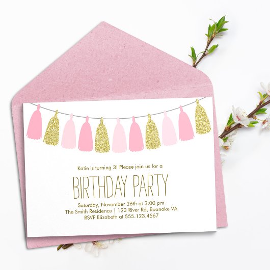 Invitation Tassel rose et or Garland fête d'anniversaire
