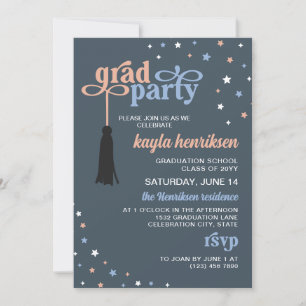 Invitation Tassel & Stars Steel Retro Script Grad Party