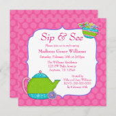 Invitation Tasses de thé à la fleur Pointe rose Sip et voir (Devant / Derrière)