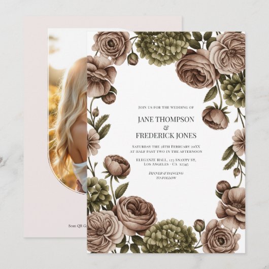 Invitation Taupe and Olive Green Watercolor Floral Wedding (Devant / Derrière)