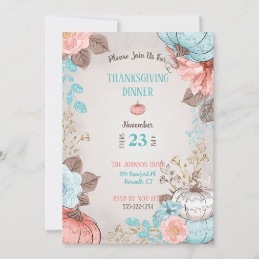 Invitation Taupe Aqua Corail Citrouille Dinde (Devant)