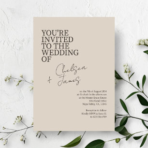 Invitation Taupe beige   Mariage minimaliste de script chic