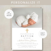 Invitation Taupe Beige Moderne Croix Religieuse Photo Baptême
