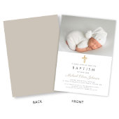 Invitation Taupe Beige Moderne Croix Religieuse Photo Baptême