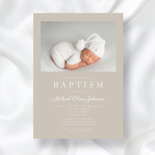 Invitation Taupe Beige Photo moderne Baptême