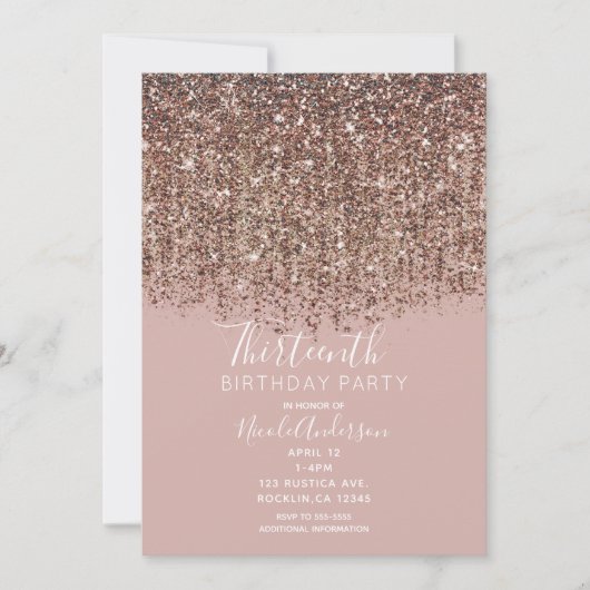 Invitation Taupe Blush Rose Rose Parties scintillant or Anniv (Devant)