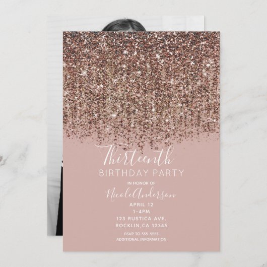 Invitation Taupe Blush Rose Rose Parties scintillant or Anniv (Devant / Derrière)