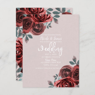 Invitation Taupe Bourgogne Aquarelle Rose Mariage verte