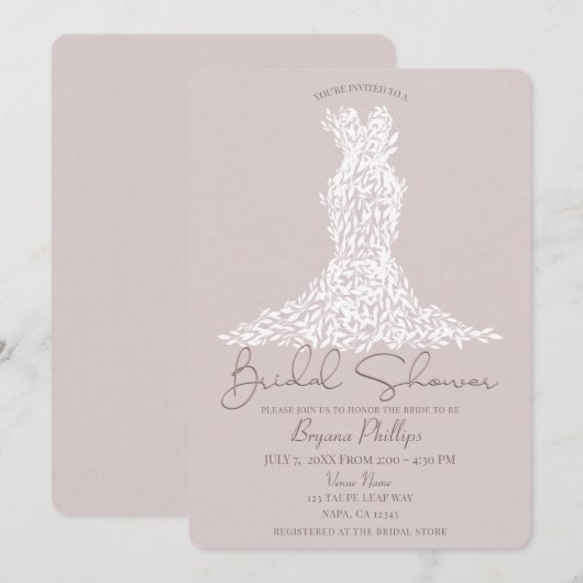 Invitation Taupe & Feuilles Blanches Robe Mariage Moderne Sho (Devant / Derrière)