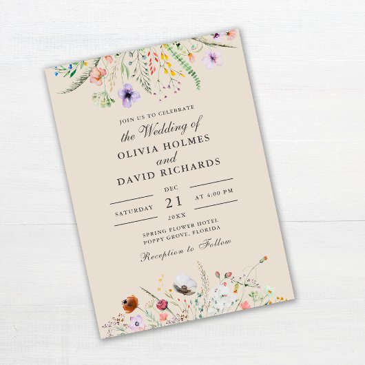 Invitation Taupe Fleur sauvage d'aquarelle Mariage de prairie