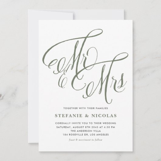 Invitation Taupe Green Mme et Mme Rustic Script Mariage (Devant)
