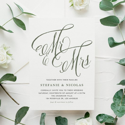 Invitation Taupe Green Mme et Mme Rustic Script Mariage