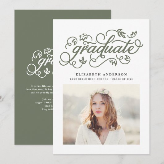Invitation Taupe Green Rustic Calligraphie Photo Graduation (Devant / Derrière)
