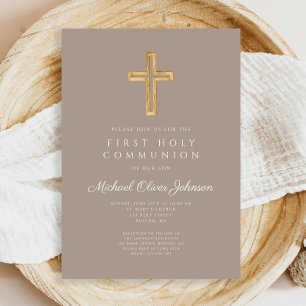 Invitation Taupe Moderne Croix Religieuse Garçon Première Com