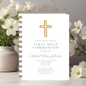 Invitation Taupe moderne Cross Boy First Communion