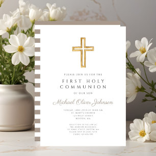 Invitation Taupe moderne Cross Boy First Communion