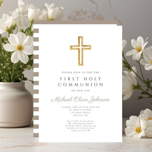 Invitation Taupe moderne Cross Boy First Communion