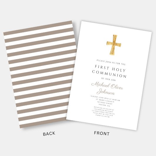 Invitation Taupe moderne Cross Boy First Communion