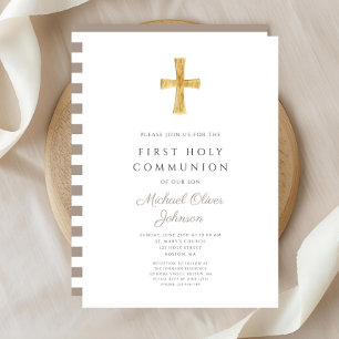 Invitation Taupe moderne Cross Boy First Communion