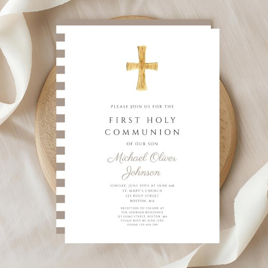 Invitation Taupe moderne Cross Boy First Communion