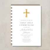 Invitation Taupe moderne Cross Boy First Communion