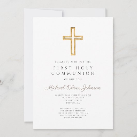 Invitation Taupe moderne Cross Boy First Communion (Devant)