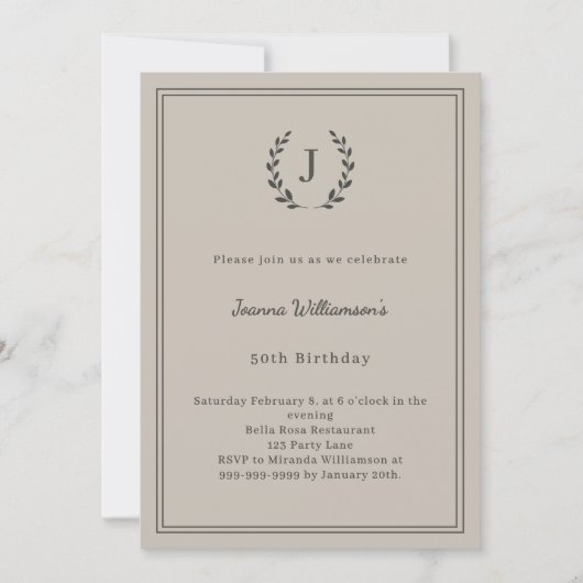 Invitation Taupe neutral monogrammed wreath minimalist (Devant)