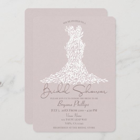 Invitation Taupe & Robe Feuille blanche Fête des mariées mode (Devant / Derrière)