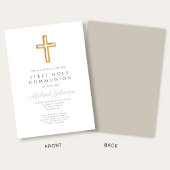 Invitation Taupe Script Religious Cross Boy First Communion