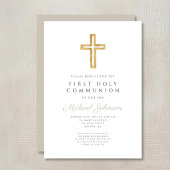Invitation Taupe Script Religious Cross Boy First Communion
