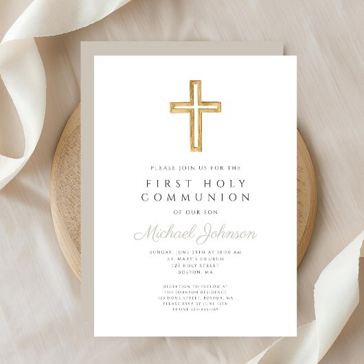 Invitation Taupe Script Religious Cross Boy First Communion