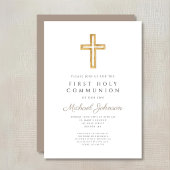 Invitation Taupe Script Religious Cross Boy First Communion