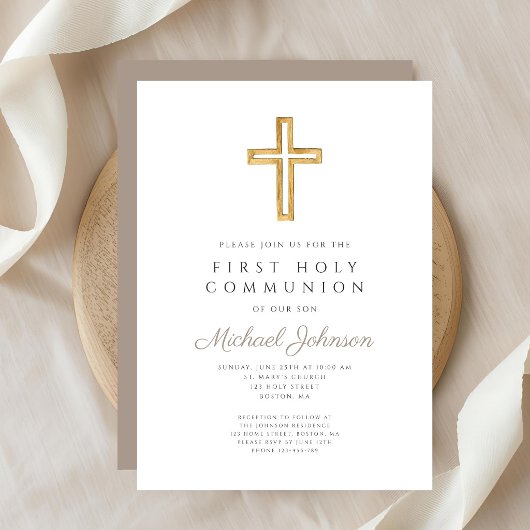 Invitation Taupe Script Religious Cross Boy First Communion