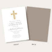 Invitation Taupe Script Religious Cross Boy First Communion
