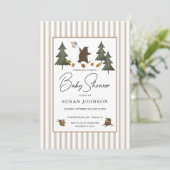 Invitation Taupe Tan Brown Bois Ours Bébé Garçon Douche (Debout devant)