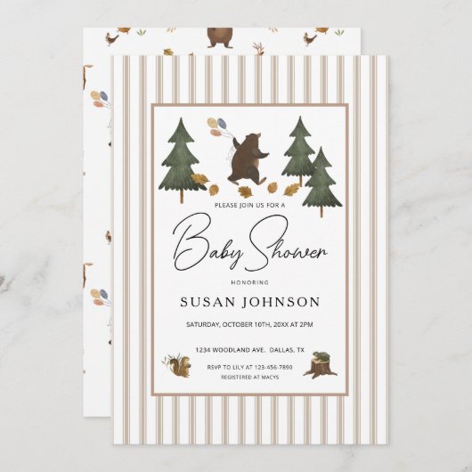 Invitation Taupe Tan Brown Bois Ours Bébé Garçon Douche (Devant / Derrière)