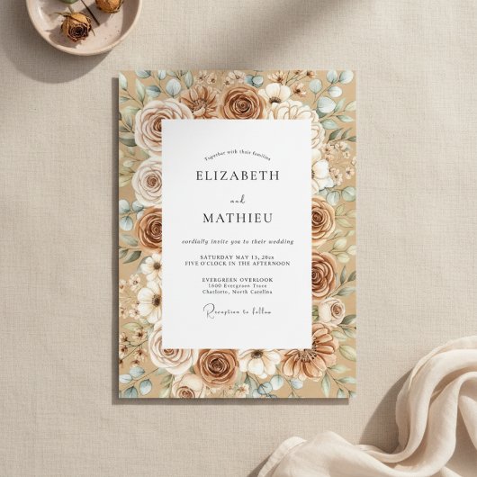 Invitation Taupe & White Rustic Bloom Wedding