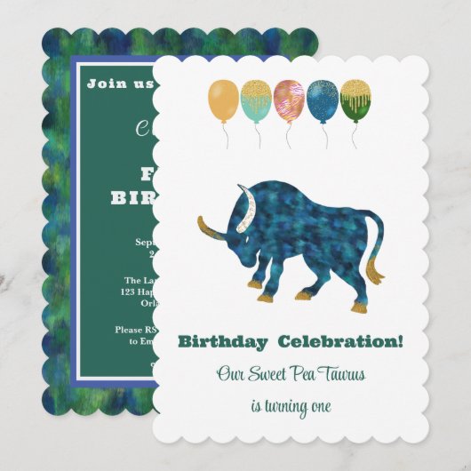 Invitation Taureau 1er Anniversaire Impressionniste Paillette (Devant / Derrière)