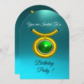 INVITATION TAURUS, OR, VERT, AQUA BLUE ZODIAC ANNIVERSAIRE (Devant / Derrière)