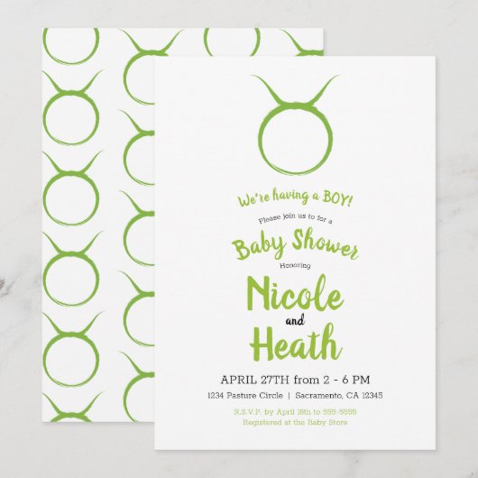 Invitation TAURUS Taureau Vert Astrologie Zodiaque Baby Showe (Devant / Derrière)