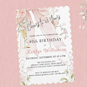 Invitation Tchin élégant pour 40 ans Ruban rose floral