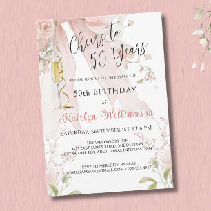 Invitation Tchin élégant pour 50 ans Ruban rose floral