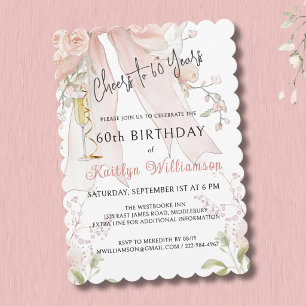 Invitation Tchin élégant pour 60 ans Ruban rose floral