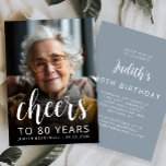 Invitation Tchin Photo 80ème Anniversaire Bleu Poussiéreux<br><div class="desc">Le recto de cette invitation pour un 80e anniversaire présente la photo de l'invité d'honneur avec un texte en blanc superposé. Le mot "cheers" apparaît dans un élégant script calligraphique, suivi de "to 80 years" et du nom et de la date d'anniversaire de l'invité d'honneur dans une police sans serif....</div>